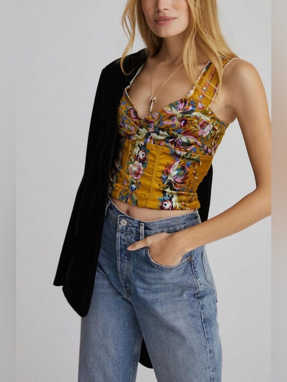 Anthropologie Mustard Yellow Floral Corset Tank Top